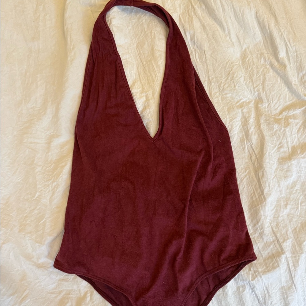 Elegant Burgundy Suede Halter Bodysuit